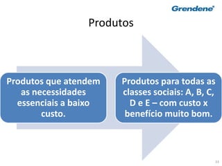 33
Produtos
Produtos que atendem
as necessidades
essenciais a baixo
custo.
Produtos para todas as
classes sociais: A, B, C,
D e E – com custo x
benefício muito bom.
 