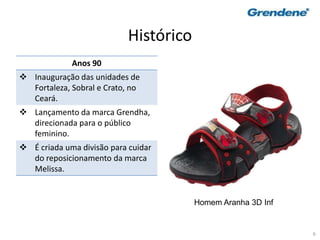 6
Histórico
Anos 90
 Inauguração das unidades de
Fortaleza, Sobral e Crato, no
Ceará.
 Lançamento da marca Grendha,
direcionada para o público
feminino.
 É criada uma divisão para cuidar
do reposicionamento da marca
Melissa.
Homem Aranha 3D Inf
 