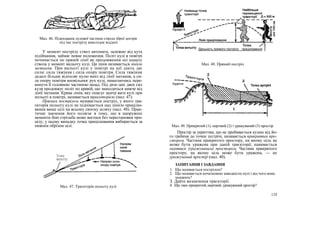 Мал. 46. Підкидання дулової частини ствола зброї догори
під час пострілу внаслідок віддачі
У момент пострілу ствол автомата, залежно від кута
підіймання, займає певне положення. Політ кулі в повітрі
починається по прямій лінії як продовження осі каналу
ствола у момент вильоту кулі. Ця лінія називається лінією
метання. При вильоті кулі у повітрі на неї діють дві
сили: сила тяжіння і сила опору повітря. Сила тяжіння
дедалі більше відхиляє кулю вниз від лінії метання, а си-
ла опору повітря вповільнює рух кулі, намагаючись пере-
кинути її головною частиною назад. Під дією цих двох сил
куля продовжує політ по кривій, що знаходиться нижче від
лінії метання. Крива лінія, яку описує центр ваги кулі при
польоті в повітрі, називається траєкторією (мал. 47).
Прямим пострілом називається постріл, у якого тра-
єкторія польоту кулі не піднімається над лінією прицілю-
вання вище цілі на всьому своєму шляху (мал. 48). Прак-
тичне значення його полягає в тому, що в напружені
моменти бою стрільба може вестися без перестановки при-
цілу; у цьому випадку точка прицілювання вибирається за
нижнім обрізом цілі.
Мал. 48. Прямий постріл
Мал. 49. Прикритий (1), мертвий (2) і уражуваний (3) простір
Мал. 47. Траєкторія польоту кулі
Простір за укриттям, що не пробивається кулею від йо-
го гребеня до точки зустрічі, називається прикритим про-
стором. Частина прикритого простору, на якому ціль не
може бути уражена при даній траєкторії, навивається
мертвим (уражуваним) простором. Частина прикритого
простору, на якому ціль може бути уражена, — це
уражуваний простір (мал. 40).
ЗАПИТАННЯ І ЗАВДАННЯ
1. Що називається пострілом?
2. Що називається початковою швидкістю кулі і від чого вона
залежить?
З. Дайте визначення траєкторії.
4. Що таке прикритий, мертвий, уражуваний цростір?
135
Дальність прямого пострілу прицілювання
Укриття
Точка
вильоту
 