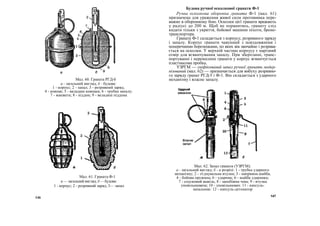 Мал. 60. Граната РГД-б
а - загальний вигляд; б - будова:
1 - корпус; 2 - запал; 3 - розривний заряд;
4 - ковпак; 5 - вкладиш ковпака; 6 - трубка запалу;
7 - манжета; 8 - піддон; 9 - вкладиш піддона
Мал. 61. Граната Ф-1
а — загальний вигляд; б — будова:
1 - корпус; 2 - розривний заряд; 3— запал
Будова ручної осколкової гранати Ф-1
Ручна осколкова оборонна граната Ф-1 (мал. 61)
призначена для ураження живої сили противника пере-
важно в оборонному бою. Осколки цієї гранати вражають
у радіусі до 200 м. Щоб не поранитись, гранату слід
кидати тільки з укриття, бойової машини піхоти, броне-
транспортера.
Граната Ф-1 складається з корпусу, розривного заряду
і запалу. Корпус гранати чавунний з повздовжніми і
поперечними борозенками, по яких вів звичайно і розрива-
ється на осколки. У верхній частиш корпусу є нарізний
отвір для вгвинчування запалу. При зберіганні, транс-
портуванні і перенесенні гранати у корпус вгвинчується
пластмасова пробка.
УЗРГМ — уніфікований запал ручної гранати модер-
нізований (мал. 62) — призначається для вибуху розривно-
го заряду гранат РГД-5 і Ф-1. Він складається з ударного
механізму і власне запалу.
Мал. 62. Запал гранати (УЗРГМ):
а - загальний вигляд; б - я розрізі: 1 - трубка ударного
механізму; 2 - з'єднувальна втулка; 3 - напрямна шайба,
4 - бойова пружина; 6 - ударник; 6 - шайба ударника;
7 - спусковий важіль; 8 - запобіжна чека; 9 - втулка
уповільнювача; 10 - уповільнювач. 11 - капсуль-
запальник: 12 - капсуль-детонатор
146 147
 