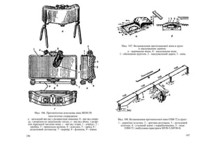 Мал. 106. Протипіхотна осколкова міна МОН-50
неостаточне споряджена:
а - загальний вигляд з розкритими ніжками; б - вигляд спере-
ду, з розрізом по запальному гнізду; в - вигляд збоку, з розрі-
зом передньої частини міни; г - вигляд згори; 1 - корпус; 2 -
пробка; 3 - прицільна щілина; 4 - осколки; 5 - заряд; 6 -
додатковий детонатор; 7 - шарнір; 8 - фланець; 9 - ніжки
Мал. 107. Встановлення протитанкової міни в ґрунт
із маскуванням дерном:
а - виривання ямки; б - маскування міни:
1 - обсипання ґрунтом; 2 - маскувальний дерен; 3 - міна
Мал. 108. Встановлення протипіхотної міни ОЗМ-72 в ґрунт:
1 - дерев'яні кілочки; 2 - дротяна розтяжка; 3 - металевий
кілочок; 4 - сталевий канат з карабінчиками; 5 - міна
ОЗМ-72 з вибуховим пристроєм МУВ-3 (МУВ-4)
186 187
 
