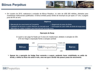 BRProperties 3T10
Bônus Perpétuo
13
BancoBônus
USD
115,64% CDIUSD
BRProperties
 Em outubro de 2010, realizamos a emissão de Bônus Perpétuo, no valor de US$ 200 milhões, ofertados para
investidores institucionais qualificados. O bônus emitido possui direito de recompra ao par após o 5° ano, e pagará
juros de 9% ao ano.
Operação de Swap
O cupom a ser pago foi fixado por 5 anos em moeda local, atrelado à variação do CDI,
a fim de mitigar a exposição frente a variação cambial
 Apesar de a operação de hedge fixar somente o cupom, podendo haver volatilidade no saldo da
dívida, o efeito no fluxo de caixa é nulo, uma vez que a dívida não possui prazo de vencimento.
> Manutenção de crescimento da Companhia > Alogamento do prazo da dívida
> Captação de recursos a custos inferiores ao mercado local > Diminuição do custo médio da dívida de longo-prazo
> Alternativa ao crédito imobiliário para financiamento de longo-prazo
Objetivos
 