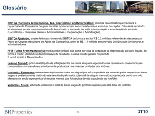 BRProperties 3T10
Glossário
EBITDA (Earnings Before Income, Tax, Depreciation and Amortization): medida não contábil que mensura a
capacidade da Companhia de gerar receitas operacionais, sem considerar sua estrutura de capital. Calculada excluindo
as despesas gerais e administrativas do lucro bruto, e somando de volta a depreciação e amortização do período
(Lucro Bruto – Despesas Gerais e Administrativas + Depreciação + Amortização)
EBITDA Ajustado: ajustes feitos ao número do EBITDA de forma a excluir R$ 0,2 milhões referentes às despesas do
Plano de Opções de compra de Ações da Companhia, além de R$ 1,1 milhões em provisão de bônus de funcionários e
administradores
FFO (Funds From Operations): medida não contábil que soma de volta as despesas de depreciação ao lucro liquido, de
forma a medir, utilizando o demonstrativo de resultado, o caixa líquido gerado no período
(Lucro Líquido + Depreciação)
Leasing Spread: ganho real (líquido de inflação) entre os novos aluguéis negociados nas revisões ou novas locações
comparadas com os valores anteriormente praticados nas mesmas unidades dos imóveis
Vacância - Financeira: estimada multiplicando o valor de aluguel por m² que poderia ser cobrado pelas respectivas áreas
vagas, e posteriormente dividindo este resultado pelo valor potencial de aluguel mensal da propriedade como um todo.
Mensura-se então o percentual de receita mensal que foi perdida devida a vacância do portfólio.
Vacância - Física: estimada utilizando o total de áreas vagas do portfólio dividido pela ABL total do portfólio
15
 