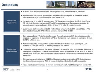 BRProperties 3T10
Destaques
2
Destaques
Financeiros
Destaques
Operacionais
 Com a aquisição de 41% do Ventura Corporate Towers II, atingimos 84% da meta de aquisição
proposta no orçamento de capital após o IPO da Companhia, e um recorde de aquisições de mais
de R$1,5 bilhão no ano.
 Ao término do 3T10, nosso portfólio totalizou 1.014.636 m² de área bruta locável (ABL), um
aumento de 139% em relação ao mesmo período do ano anterior
 Companhia realizou emissão de Bônus Perpétuo, no valor de US$ 200 milhões, ofertados à
investidores qualificados. O bônus emitido possui direito de recompra ao par após o 5° ano, e
pagará juros de 9% ao ano. Os recursos captados serão utilizados principalmente para novas
aquisições
 Contratamos aproximadamente R$ 238 milhões de empréstimos atrelados à TR de longo prazo;
tipo de crédito que representa 78% de nossa dívida total, não incluindo o bônus perpétuo
 Nossa receita de administração de imóveis aumentou em 72% no 3T10 comparado com o 3T09
 A receita bruta do 3T10 cresceu 91% em relação ao 3T09, totalizando R$ 58,5 milhões
 Apresentamos um EBITDA ajustado para despesas de bônus e plano de opções de R$ 45,4
milhões ao final do 3T10, acréscimo de 101% sobre 3T09
 No período de 3T10 e 9M10, estimamos um EBITDA ajustado pro-forma de R$ 49,0 milhões e
R$ 162,4 milhões, com margem de 85% e 88%, respectivamente. Excluídas as despesas de
vacância, estas margens vão para 93% e 92% no 3T10 e 9M10, respectivamente.
 Lucro líquido da Companhia foi de R$ 10,4 milhões, um aumento de 67% sobre 3T09 e o FFO
consolidado totalizou R$ 17,9 milhões, com uma margem FFO de 33%
 
