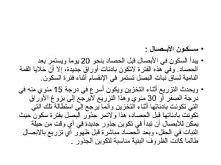 •
: ‫األبــصـال‬ ‫ســـكـون‬
•
‫بنحو‬ ‫الحصاد‬ ‫قبل‬ ‫األبصال‬ ‫في‬ ‫السكون‬ ‫يبدأ‬
20
‫بعد‬ ‫ويستمر‬ ‫يوما‬
‫القمة‬ ‫خاليا‬ ‫أن‬ ‫إال‬ ،‫جديدة‬ ‫أوراق‬ ‫بادئات‬ ‫التكون‬ ‫الفترة‬ ‫هذه‬ ‫وفي‬ .‫الحصاد‬
.‫السكون‬ ‫فترة‬ ‫أثناء‬ ‫اإلنقسام‬ ‫في‬ ‫تستمر‬ ‫البصل‬ ‫نبات‬ ‫لساق‬ ‫النامية‬
•
‫درجة‬ ‫في‬ ‫أسرع‬ ‫ويكون‬ ‫التخزين‬ ‫أثناء‬ ‫التزريع‬ ‫ويحدث‬
15
‫في‬ ‫منه‬ ‫مئوي‬
‫أو‬ ‫الصفر‬ ‫درجة‬
30
‫األوراق‬ ‫بزوغ‬ ‫إلى‬ ‫اليرجع‬ ‫النزريع‬ ‫وهذا‬ ‫مئوي‬
‫التي‬ ‫تلك‬ ‫استطالة‬ ‫إلى‬ ‫يرجع‬ ‫وأنما‬ ‫التخزين‬ ‫أثناء‬ ‫بادئاتها‬ ‫تكونت‬ ‫التي‬
‫حيث‬ ‫سكون‬ ‫بفترة‬ ‫البصل‬ ‫جذور‬ ‫والتمر‬ ‫هذا‬ ،‫الحصاد‬ ‫قبل‬ ‫بادئاتها‬ ‫تكونت‬
‫حيلة‬ ‫من‬ ‫وقت‬ ‫أي‬ ‫في‬ ‫جديدة‬ ‫جذور‬ ‫تكوين‬ ‫في‬ ‫تبدأ‬ ‫أن‬ ‫لألبصال‬ ‫يمكن‬
‫باالبصال‬ ‫تزريع‬ ‫أي‬ ‫ظهور‬ ‫قبل‬ ‫مباشرة‬ ‫الحصاد‬ ‫وبعد‬ ،‫الحقل‬ ‫في‬ ‫النبات‬
. ‫الجذور‬ ‫لتكوين‬ ‫مناسبة‬ ‫البئية‬ ‫الظروف‬ ‫كانت‬ ‫طالما‬
 