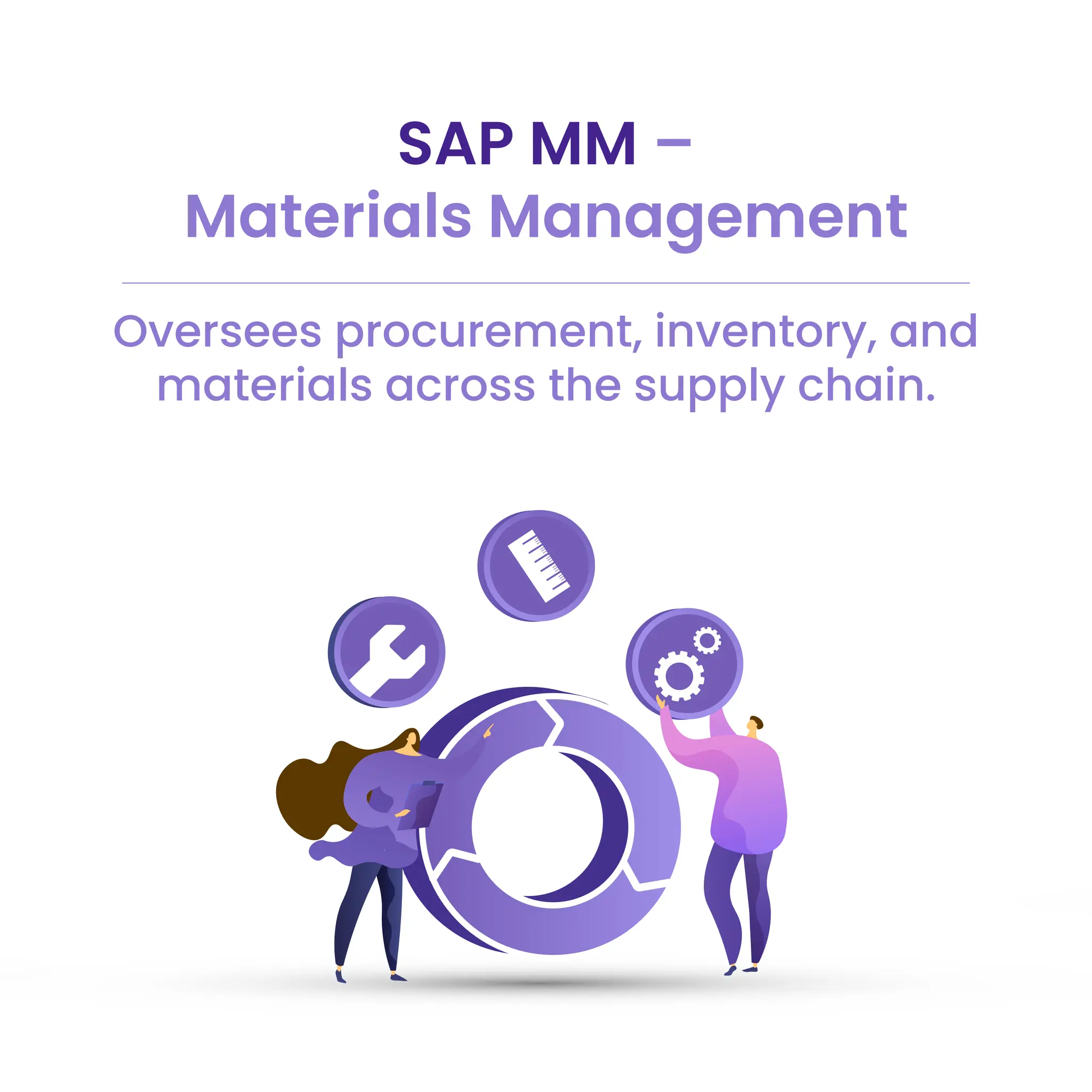 SAP MM –
Materials Management
Oversees procurement, inventory, and
materials across the supply chain.