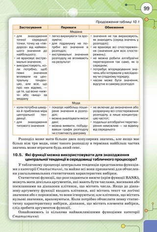 99
Застосування Переваги Обмеження
Медіана
•	для знаходження
точної середньої
точки, точку на «пів-
дорозі» від наймен-
шого значення до
найбільшого;
•	не враховує екстре-
мальні значення;
•	використовують, ко­-
ли потрібно, щоб
певні значення
впливали на цен-
тральну тенден-
цію, але все, що
про них відомо, —
це те, що вони «ниж-
чі» або «вищі» за
медіану
•	легко вирахувати та зро-
зуміти;
•	для підрахунку не по-
трібні всі значення в
розподілі;
•	екстремальні значення
розподілу не впливають
на результат
•	значення не так вираховують,
як знаходять (серед значень у
розподілі);
•	не враховує всі спостережен-
ня (значення для всіх спосте-
режень);
•	не можна робити алгебраїчні
перетворення так само, як із
середнім;
•	потребує впорядкування зна-
чень або інтервалів у висхідно-
му чи спадному порядку;
•	часом може бути значення,
відсутнє в самому розподілі
Мода
•	коли потрібна швид-
ка й приблизна міра
центральної тен­
денції.
•	для знаходження
типового значення
•	показує найбільш поши-
рене значення в розпо-
ділі;
•	можна аналізувати якісні
дані;
•	можна виявити, побуду-
вавши графік розподілу
чи стовпчасту діаграму
•	не включає до визначення або
розрахунку всі спостереження
розподілу, а лише концентра-
цію частот;
•	подальші алгебраїчні перетво-
рення неможливі — на відміну
від середнього
Розподіл може мати більше двох популярних значень, але якщо має
більш ніж три моди, опис такого розподілу в термінах найбільш частих
значень може втрачати будь-який сенс.
10.5.	 Які функції можна використовувати для знаходження
центральної тенденції в середовищі табличного процесора?
У табличному процесорі центральна тенденція представлена функція-
ми з категорії Статистичні, та майже всі вони призначені для обчислен-
ня узагальнювальних статистичних характеристик вибірки.
Статистичні функції, що розглядаються нижче (крім функції RANK),
можуть мати декілька аргументів, які мають бути числами, масивами або
посиланнями на діапазони клітинок, що містять числа. Якщо до діапа-
зону-аргументу функції входять клітинки, які містять текст чи логічні
значення або є порожніми, то вони ігноруються; але клітинки, що містять
нульові значення, враховуються. Коли потрібно обчислити певну статис-
тичну характеристику вибірки, діапазон, що містить елементи вибірки,
слід зробити аргументом функції.
Ознайомимось із кількома найважливішими функціями категорії
Статистичні:
Продовження таблиці 10.1
 