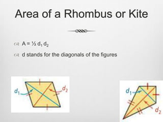 Area of a Rhombus or Kite

 A = ½ d1 d2

 d stands for the diagonals of the figures
 