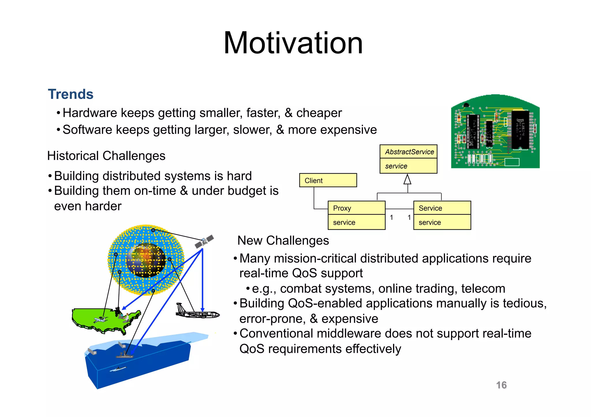 Motivation
Trends
 • Hardware keeps getting smaller, faster, & cheaper
 • Software keeps getting larger, slower, & more expensive
                                                                AbstractService
Historical Challenges
                                                                service
• Building distributed systems is hard       Client
• Building them on-time & under budget is
  even harder                                         Proxy                   Service
                                                                 1        1
                                                      service                 service

                                 New Challenges
                                • Many mission-critical distributed applications require
                                  real-time QoS support
                                   • e.g., combat systems, online trading, telecom
                                • Building QoS-enabled applications manually is tedious,
                                  error-prone, & expensive
                                • Conventional middleware does not support real-time
                                  QoS requirements effectively

                                                                                        16
 