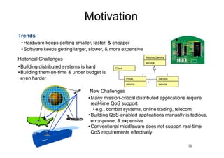 Motivation
Trends
 • Hardware keeps getting smaller, faster, & cheaper
 • Software keeps getting larger, slower, & more expensive
                                                                AbstractService
Historical Challenges
                                                                service
• Building distributed systems is hard       Client
• Building them on-time & under budget is
  even harder                                         Proxy                   Service
                                                                 1        1
                                                      service                 service

                                 New Challenges
                                • Many mission-critical distributed applications require
                                  real-time QoS support
                                   • e.g., combat systems, online trading, telecom
                                • Building QoS-enabled applications manually is tedious,
                                  error-prone, & expensive
                                • Conventional middleware does not support real-time
                                  QoS requirements effectively

                                                                                        16
 