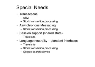 Special Needs
•  Transactions
  –  ATM
  –  Stock transaction processing
•  Asynchronous Messaging
  –  Stock transaction processing
•  Session support (shared state)
  –  Travel site
•  Language neutrality – standard interfaces
  –  Travel site
  –  Stock transaction processing
  –  Google search service
 
