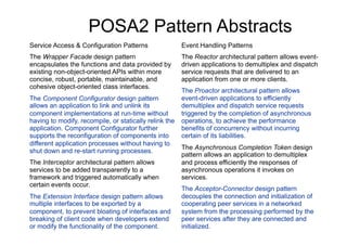 POSA2 Pattern Abstracts
Service Access & Configuration Patterns                 Event Handling Patterns
The Wrapper Facade design pattern                       The Reactor architectural pattern allows event-
encapsulates the functions and data provided by         driven applications to demultiplex and dispatch
existing non-object-oriented APIs within more           service requests that are delivered to an
concise, robust, portable, maintainable, and            application from one or more clients.
cohesive object-oriented class interfaces.
                                                        The Proactor architectural pattern allows
The Component Configurator design pattern               event-driven applications to efficiently
allows an application to link and unlink its            demultiplex and dispatch service requests
component implementations at run-time without           triggered by the completion of asynchronous
having to modify, recompile, or statically relink the   operations, to achieve the performance
application. Component Configurator further             benefits of concurrency without incurring
supports the reconfiguration of components into         certain of its liabilities.
different application processes without having to
                                                        The Asynchronous Completion Token design
shut down and re-start running processes.
                                                        pattern allows an application to demultiplex
The Interceptor architectural pattern allows            and process efficiently the responses of
services to be added transparently to a                 asynchronous operations it invokes on
framework and triggered automatically when              services.
certain events occur.
                                                        The Acceptor-Connector design pattern
The Extension Interface design pattern allows           decouples the connection and initialization of
multiple interfaces to be exported by a                 cooperating peer services in a networked
component, to prevent bloating of interfaces and        system from the processing performed by the
breaking of client code when developers extend          peer services after they are connected and
or modify the functionality of the component.           initialized.
 