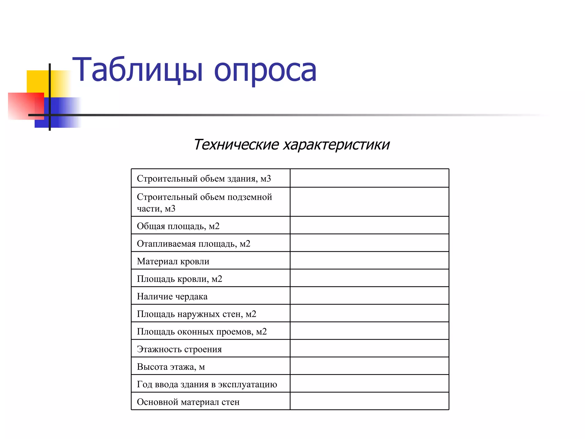 Таблицы опроса Технические характеристики Основной материал стен Год ввода здания в эксплуатацию Высота этажа, м Этажность строения Площадь оконных проемов, м2 Площадь наружных стен, м2 Наличие чердака Площадь кровли, м2 Материал кровли Отапливаемая площадь, м2 Общая площадь, м2 Строительный обьем подземной части, м3 Строительный обьем здания, м3 