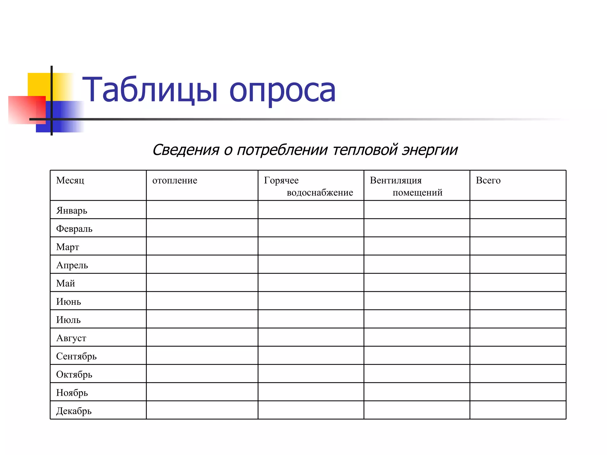 Таблицы опроса Сведения о потреблении тепловой энергии Декабрь Ноябрь Октябрь Сентябрь Август Июль Июнь Май Апрель Март Февраль Январь Всего Вентиляция помещений Горячее водоснабжение отопление Месяц 