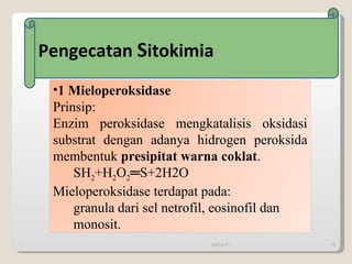 Pengecatan  S itokimia 09/14/11 1 Mieloperoksidase Prinsip:  Enzim peroksidase mengkatalisis oksidasi substrat dengan adanya hidrogen peroksida membentuk  presipitat warna coklat . SH 2 +H 2 O 2 ═S+2H2O Mieloperoksidase terdapat pada: granula dari sel netrofil, eosinofil dan  monosit. 
