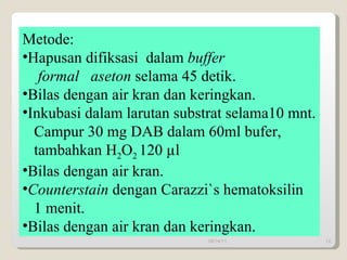 Metode: Hapusan difiksasi  dalam  buffer  formal  aseton  selama 45 detik. Bilas dengan air kran dan keringkan. Inkubasi dalam larutan substrat selama10 mnt. Campur 30 mg DAB dalam 60ml bufer,  tambahkan H 2 O 2  120 µl Bilas dengan air kran. Counterstain  dengan Carazzi`s hematoksilin 1 menit. Bilas dengan air kran dan keringkan.  09/14/11 