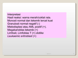09/14/11 Interpretasi Hasil reaksi: warna merah/coklat rata. Monosit normal dan lekemik tercat kuat Granulosit normal negatif (-) Mielodisplasi atau AML positif (+). Megakarioblas lekemik (+) Limfosit, Limfoblas T (+)  dotlike Leukaemic eritroblast  (+) 
