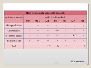09/14/11 E.N Kosasih H asil tes sitokimia pada  AML  dan ALL Jenis tes sitokimia AML Klasifikasi FAB M0  M1-3  M4  M5  M6  M7  ALL Mieloperoksidase -  +  +  -  -  -  - Chloroacetate -  +  +  +/-  -  -  - α  - naphtol acetate -  -  +  +  -  +/-  - Sudan Black B -  +  +  -  -  -  - PAS -  -  +/-  +/-  +  -  + 