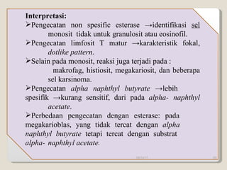 Interpretasi: Pengecatan non spesific esterase ->identifikasi  sel   monosit  tidak untuk granulosit atau eosinofil.  Pengecatan limfosit T matur ->karakteristik fokal,  dotlike pattern .  Selain pada monosit, reaksi juga terjadi pada : makrofag, histiosit, megakariosit, dan beberapa  sel karsinoma.  Pengecatan  alpha naphthyl butyrate -> lebih  spesifik ->kurang sensitif, dari pada  alpha- naphthyl  acetate .  Perbedaan pengecatan dengan esterase: pada  megakarioblas, yang tidak tercat dengan  alpha  naphthyl butyrate  tetapi tercat dengan substrat  alpha- naphthyl acetate. 09/14/11 