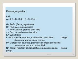 09/14/11 Keterangan gambar: LAP: A= 0, B=1+, C=2+, D=3+, E=4+ G= PAS+ ( Sezary syndrome ) H= PAS, ALL, granulakasar I=  Peroksidase, granula biru, AML J = Cat biru pada granula matur K= Sudan Blak L= Non spesifik esterase, monosit dan monoblas  dengan  sitoplasma warna coklat orange M= Cloroasetat esterase, promielosit dengan sitoplasma    warna maroon, ada pasien AML N= Tartrat-resistent acid phosphat, granula sitoplama  warna  gelap. 