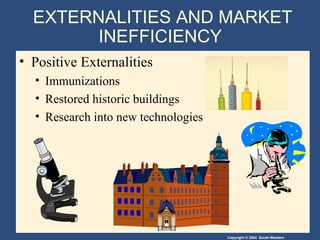 EXTERNALITIES AND MARKET INEFFICIENCY  Positive Externalities Immunizations Restored historic buildings Research into new technologies 