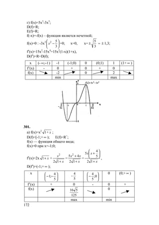 172
г) f(x)=5x3
-3x5
;
D(f)=R;
E(f)=R;
f(-x)=-f(x) – функция является нечетной;
f(x)=0 : -3x3






−
3
52
x =0; x=0, x=
3
5
± ≈ ± 1,3;
f′(x)=15x2
-15x4
=15x2
(1-x)(1+x),
D(f′)=R=D(f);
x (- 1;−∞ ) -1 (-1;0) 0 (0;1) 1 (1+ ∞ )
f’(x) - 0 + 0 + 0
f(x) -2 0 2
min max
301.
а) f(x)=x2
x+1 ;
D(f)=[-1;+ ∞ ); E(f)=R+
;
f(x) — функция общего вида;
f(x)=0 при x=-1;0;
f′(x)=2x x+1 +
x
x
+12
2
=
x
xx
+
+
12
45 2
=
x
xx
+






+
12
5
4
5
,
D(f′)=(-1;+ ∞ );
x






−−
5
4
;1 -
5
4






− 0;
5
4 0 (0;+ ∞ )
f’(x) + 0 - 0 +
f(x)
125
516 0
max min
 