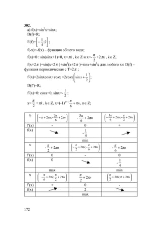 172
302.
а) f(x)=sin2
x+sinx;
D(f)=R;
E(f)= 





− 2;
4
1
;
f(-x)=-f(x) – функция общего вида;
f(x)=0 : sin(sinx+1)=0, x= kπ , k∈Z и x=-
2
π
+2 kπ , k∈Z,
f(x+2π )=sin(x+2π )+sin2
(x+2π )=sinx+sin2
x для любого x∈D(f) –
функция периодическая с T=2π ;
f′(x)=2sinxcosx+cosx =2cosx 





+
2
1
sin x ;
D(f′)=R;
f′(x)=0: cosx=0, sinx=-
2
1
;
x=
2
π
+ kπ , k∈Z, x=(-1)n+1
nπ
π
+
6
, n∈Z;
x






+−+− nn π
π
ππ 2
6
5
;2 - nπ
π
2
6
5
+ 





+−+− nn π
π
π
π
2
2
;2
6
5
f’(x) - 0 +
f(x)
-
4
1
min
x
- nπ
π
2
2
+ 





+−+− nn π
π
π
π
2
6
;2
2
- nπ
π
2
6
+
f’(x) 0 - 0
f(x) 0
-
4
1
max min
x






π+
π
π+
π
nn 2
2
;2
6
- nπ
π
2
2
+ 





++ nn πππ
π
2;2
2
f’(x) + 0 -
f(x) 2
max
 