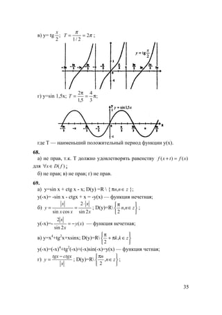 35
в) y= tg
x
2
; T = =
π
π
1 2
2
/
;
г) y=sin 1,5x; ;
3
4
5,1
2
π=
π
=T
где Т — наименьший положительный период функции у(х).
68.
а) не прав, т.к. Т должно удовлетворять равенству )()( xftxf =+
для )( fDx ∈∀ ;
б) не прав; в) не прав; г) не прав.
69.
а) y=sin x + ctg x - x; D(y) =R  { znn ∈π , };
y(-x)= -sin x - ctgx + x = -y(x) — функция нечетная;
б)
x
x
xx
x
y
2sin
2
cossin
⋅
== ; D(у)=R






∈
π
znn,
2
;
у(-х)=- )(
2sin
2
xy
x
x
−= — функция нечетная;
в) у=х4
+tg2
x+xsinx; D(у)=R






∈π+
π
zkk,
2
у(-х)=(-х)4
+tg2
(-х)+(-х)sin(-х)=у(х) — функция четная;
г)
x
ctgxtgx
y
−
= ; D(у)=R






∈
π
zn
n
,
2
;
 