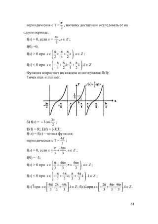 61
периодическая с Т =
2
π
, поэтому достаточно исследовать ее на
одном периоде;
f(x) = 0, если x = Zn
n
∈,
2
π
;
f(0) =0;
f(x) > 0 при Znnnx ∈




 π
+
ππ
∈ ,
24
;
2
;
f(x) < 0 при Zkkkx ∈




 π
+
ππ
+
π
−∈ ,
24
;
24
Функция возрастает на каждом из интервалов D(f);
Точек max и min нет.
б) f(x) =
2
3
cos3
x
− ;
D(f) = R; E(f) = [-3;3];
f(-x) = f(x) – четная функция;
периодическая с Т =
3
4π
;
f(x) = 0, если x = Zn
n
∈+ ,
3
2
3
ππ
;
f(0) = -3;
f(x) > 0 при Zn
nn
x ∈




 π
+π
π
+
π
∈ ,
3
4
;
3
4
3
;
f(x) < 0 при Zkkkx ∈




 π
+
ππ
+
π
−∈ ,
3
4
3
;
3
4
3
;
f(x)↑при Zk
kk
x ∈




 π
+
ππ
∈ ,
3
4
3
2
;
3
4
; f(x)↓при Zk
nn
x ∈




 ππ
+
π
−∈ ,
3
4
;
3
4
3
2
.
 