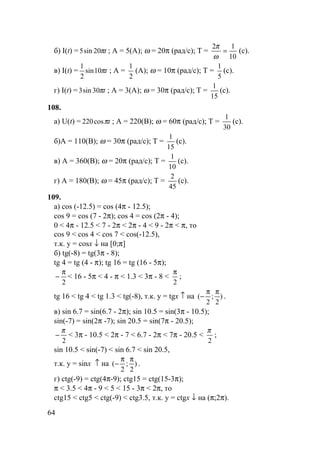 64
б) I(t) = tπ20sin5 ; A = 5(A); ω = 20π (рад/с); Т =
10
12
=
ω
π
(с).
в) I(t) = tπ10sin
2
1
; A =
2
1
(A); ω = 10π (рад/с); Т =
5
1
(с).
г) I(t) = tπ30sin3 ; A = 3(A); ω = 30π (рад/с); Т =
15
1
(с).
108.
а) U(t) = tπcos220 ; A = 220(В); ω = 60π (рад/с); Т =
30
1
(с).
б)A = 110(В); ω = 30π (рад/с); Т =
15
1
(с).
в) A = 360(В); ω = 20π (рад/с); Т =
10
1
(с).
г) A = 180(В); ω = 45π (рад/с); Т =
45
2
(с).
109.
а) cos (-12.5) = cos (4π - 12.5);
cos 9 = cos (7 - 2π); cos 4 = cos (2π - 4);
0 < 4π - 12.5 < 7 - 2π < 2π - 4 < 9 - 2π < π, то
cos 9 < cos 4 < cos 7 < cos(-12.5),
т.к. y = cosx ↓ на [0;π]
б) tg(-8) = tg(3π - 8);
tg 4 = tg (4 - π); tg 16 = tg (16 - 5π);
2
π
− < 16 - 5π < 4 - π < 1.3 < 3π - 8 <
2
π
;
tg 16 < tg 4 < tg 1.3 < tg(-8), т.к. y = tgx ↑ на )
2
;
2
(
ππ
− .
в) sin 6.7 = sin(6.7 - 2π); sin 10.5 = sin(3π - 10.5);
sin(-7) = sin(2π -7); sin 20.5 = sin(7π - 20.5);
2
π
− < 3π - 10.5 < 2π - 7 < 6.7 - 2π < 7π - 20.5 <
2
π
;
sin 10.5 < sin(-7) < sin 6.7 < sin 20.5,
т.к. y = sinx ↑ на )
2
;
2
(
ππ
− .
г) ctg(-9) = ctg(4π-9); ctg15 = ctg(15-3π);
π < 3.5 < 4π - 9 < 5 < 15 - 3π < 2π, то
ctg15 < ctg5 < ctg(-9) < ctg3.5, т.к. y = ctgx ↓ на (π;2π).
 