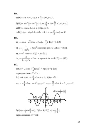 65
110.
а) D(y): sin x ≠ 1, т.е. x ≠ Znn ∈+ ,2
2
π
π
.
б) D(y): .],2
2
3
;2
2
[;0
2
cos
2
sin 22
Znnnx
xx
∈++∈≥− π
π
π
π
в) D(y): cosx ≠ 1, т.е. x ≠ 2πn, n∈Z.
г) D(y):tgx + ctgx ≥ 0; sin2x > 0; .),
2
;( Znnnx ∈+∈ π
π
π
111.
а) );
3
sin(2cos3sin
π
−=−= xxxy E(y) = [-2;2].
б) ;cos3
1
3 2
2
x
xtg
y =
+
= причем cos x ≠ 0; E(y) = (0;3].
в) ;4cos1 xy −= E(y) = [0; 2 ].
г) ;sin2
1
2 2
2
x
xctg
y =
+
= причем sin x ≠ 0; E(y) = (0;2].
112.
а) f(x) = )
4
cos(2
π
+x ; D(f) = R; E(f) = [-2;2];
периодическая с Т =2π;
f(x) = 0, если x = Znn ∈+ ,2
4
π
π
; f(0) = 2 ;
xmax = Znn ∈π+
π
− ,2
4
; ymax =2; xmin = Zkk ∈π+
π
,2
4
3
; ymin =-2.
б) f(x) = )
3
sin(
2
1
x−
π
; D(f) = R; E(f) = [
2
1
;
2
1
− ];
периодическая с Т =2π;
 