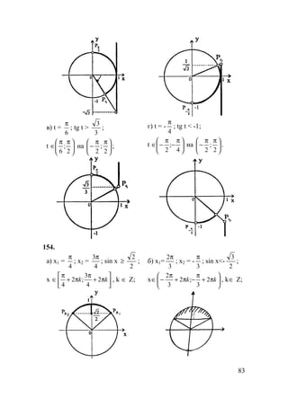 83
в) t =
6
π
; tg t >
3
3
;
t 




 ππ
∈
2
;
6
на 




 ππ
−
2
;
2
;
г) t = -
4
π
; tg t < -1;
t 




 π
−
π
−∈
4
;
2
на 




 ππ
−
2
;
2
.
154.
а) x1 =
4
π
; x2 =
4
3π
; sin x
2
2
≥ ;
x 





π+
π
π+
π
∈ kk 2
4
3
;2
4
, k ∈ Z;
б) x1=
3
2π
; x2 = -
3
π
; sin x<-
2
3
;
x 





π+
π
−π+
π
−∈ kk 2
3
;2
3
2
, k∈ Z;
 