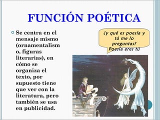 FUNCIÓN POÉTICA Se centra en el mensaje mismo (ornamentalismo, figuras literarias), en cómo se organiza el texto, por supuesto tiene que ver con la literatura, pero también se usa en publicidad.  ¿y qué es poesía y tú me lo preguntas? Poesía eres tú 