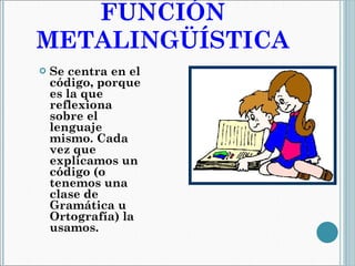 FUNCIÓN METALINGÜÍSTICA Se centra en el código, porque es la que reflexiona sobre el lenguaje mismo. Cada vez que explicamos un código (o tenemos una clase de Gramática u Ortografía) la usamos. 