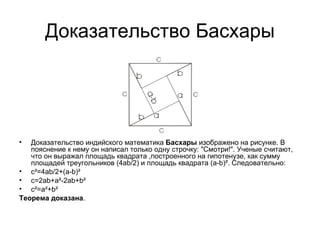 Доказательство Басхары Доказательство индийского математика  Басхары  изображено на рисунке. В пояснение к нему он написал только одну строчку: "Смотри!". Ученые считают, что он выражал площадь квадрата ,построенного на гипотенузе, как сумму площадей треугольников (4ab/2) и площадь квадрата (a-b)². Следовательно: c²=4ab/2+(a-b)² c=2ab+a²-2ab+b² c²=a²+b² Теорема доказана . 