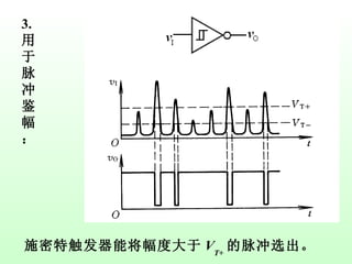 3. 用于脉冲鉴幅： 施密特触发器能将幅度大于 V T+ 的脉冲选出。 