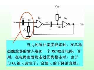 当 v I 的脉冲宽度很宽时，在单稳态触发器的输入端加一个 RC 微分电路，否则，在电路由暂稳态返回到稳态时，由于门 G 1 被 v I 封住了，会使 v o 的下降沿变缓。  
