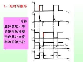 2 、延时与整形 可将脉冲宽度不等的矩形脉冲整形成脉冲宽度相等的矩形波。 