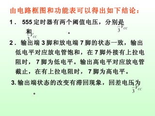 由电路框图和功能表可以得出如下结论： 1 ． 555 定时器有两个阈值电压，分别是  和  。   2 ．输出端 3 脚和放电端 7 脚的状态一致，输出低电平对应放电管饱和，在 7 脚外接有上拉电阻时， 7 脚为低电平。输出高电平对应放电管截止，在有上拉电阻时， 7 脚为高电平。 3. 输出端状态的改变有滞回现象，回差电压为  。 