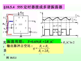 §10.5.4  555 定时器接成多谐振荡器 振荡周期： T =0.69( R 1 +2 R 2 ) C 例 10.5.1 充电时间： 放电时间： 输出脉冲占空比 : 