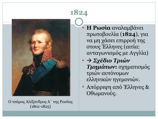 1824 Η Ρωσία  αναλαμβάνει πρωτοβουλία ( 1824 ), για να μη χάσει επιρροή της στους Έλληνες (αιτία: ανταγωνισμός με Αγγλία)     Σχέδιο Τριών Τμημάτων :  σχηματισμός τριών αυτόνομων ελληνικών ηγεμονιών.  Απόρριψη από Έλληνες & Οθωμανούς.  Ο τσάρος Αλέξανδρος Α΄ της Ρωσίας (1801-1825) 