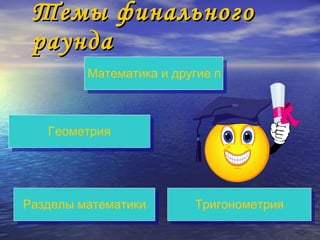 Темы финального   раунда Математика и другие предметы Геометрия Разделы математики Тригонометрия 