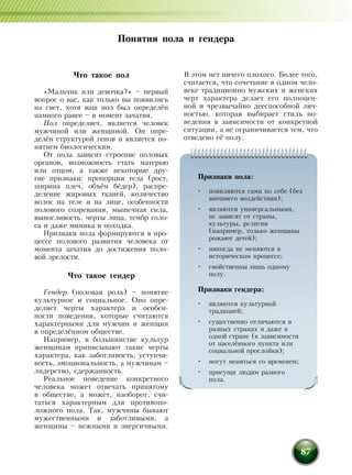 87
Понятия пола и гендера
Что такое пол
«Мальчик или девочка?» – первый
вопрос о вас, как только вы появились
на свет, хотя ваш пол был определён
намного ранее – в момент зачатия.
Пол определяет, является человек
мужчиной или женщиной. Он опре­
делён структурой генов и является по-
нятием биологическим.
От пола зависит строение половых
органов, возможность стать матерью
или отцом, а также некоторые дру-
гие признаки: пропорции тела (рост,
ширина плеч, объём бёдер), распре-
деление жировых тканей, количество
волос на теле и на лице, особенности
полового созревания, мышечная сила,
выносливость, черты лица, тембр голо-
са и даже мимика и походка.
Признаки пола формируются в про-
цессе полового развития человека от
момента зачатия до достижения поло-
вой зрелости.
Что такое гендер
Гендер (половая роль) – понятие
культурное и социальное. Оно опре­
деляет черты характера и особен-
ности поведения, которые считаются
характерными для мужчин и женщин
в определённом обществе.
Например, в большинстве культур
женщинам приписывают такие черты
характера, как заботливость, уступчи-
вость, эмоциональность, а мужчинам –
лидерство, сдержанность.
Реальное поведение конкретного
человека может отвечать принятому
в обществе, а может, наоборот, счи-
таться характерным для противопо-
ложного пола. Так, мужчины бывают
мужественными и заботливыми, а
женщины – нежными и энергичными.
В этом нет ничего плохого. Более того,
считается, что сочетание в одном чело-
веке традиционно мужских и женских
черт характера делает его полноцен-
ной и чрезвычайно дееспособной лич-
ностью, которая выбирает стиль по-
ведения в зависимости от конкретной
ситуации, а не ограничивается тем, что
отведено её полу.
Признаки пола:
•	 появляются сами по себе (без
внешнего воздействия);
•	 являются универсальными,
не зависят от страны,
культуры, религии
(например, только женщины
рожают детей);
•	 никогда не меняются в
историческом процессе;
•	 свойственны лишь одному
полу.
Признаки гендера:
•	 являются культурной
традицией;
•	 существенно отличаются в
разных странах и даже в
одной стране (в зависимости
от населённого пункта или
социальной прослойки);
•	 могут меняться со временем;
•	 присущи людям разного
пола.
 