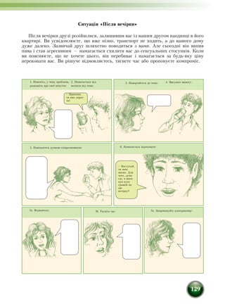 129
Ситуація «Після вечірки»
Після вечірки друзі розійшлися, залишивши вас із вашим другом наодинці в його
квартирі. Ви усвідомлюєте, що вже пізно, транспорт не ходить, а до вашого дому
дуже далеко. Зазвичай друг шляхетно поводиться з вами. Але сьогодні він випив
пива і став агресивним — намагається схилити вас до сексуальних стосунків. Коли
ви пояснюєте, що не хочете цього, він перебиває і намагається за будь-яку ціну
переконати вас. Ви рішуче відмовляєтесь, тягнете час або пропонуєте компроміс.
5. Поцікавтеся думкою співрозмовника:
7в. Запропонуйте альтернативу:7б. Тягніть час:
6. Намагається переконати:
7а. Відмовтесь:
– Припини,
ти вже дорос-
ла!
– Послухай,
ти мені
винна. Для
чого, дума-
єш, я вики-
нув купу
грошей на
цю
вечірку?
1. Поясніть, у чому проблема,
розкажіть про свої почуття:
4. Висуньте вимогу:3. Повертайтеся до теми:2. Намагається від-
волікти від теми:
 