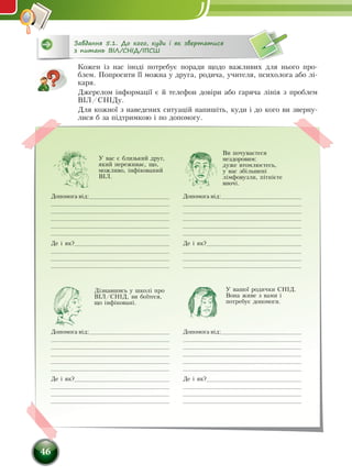 46
Завдання 5.1. До кого, куди і як звертатися
з питань ВІЛ/СНІД/ІПСШ
У вас є близький друг,
який переживає, що,
можливо, інфікований
ВІЛ.
Ви почуваєтеся
не­здоровим:
дуже втомлюєтесь,
у вас збільшені
лімфовузли, пітнієте
вночі.
Дізнавшись у школі про
ВІЛ/СНІД, ви боїтеся,
що інфіковані.
У вашої родички СНІД.
Вона живе з вами і
потребує допомоги.
Кожен із нас іноді потребує поради щодо важливих для нього про-
блем. Попросити її можна у друга, родича, учителя, психолога або лі-
каря.
Джерелом інформації є й телефон довіри або гаряча лінія з проблем
ВІЛ/СНІДу.
Для кожної з наведених ситуацій напишіть, куди і до кого ви зверну-
лися б за підтримкою і по допомогу.
Допомога від:______________________________________
_______________________________________________________
________________________________________________________
_______________________________________________________
_______________________________________________________
________________________________________________________
Де і як?_____________________________________________
_______________________________________________________
________________________________________________________
________________________________________________________
Допомога від:______________________________________
_______________________________________________________
________________________________________________________
_______________________________________________________
_______________________________________________________
________________________________________________________
Де і як?_____________________________________________
_______________________________________________________
________________________________________________________
________________________________________________________
Допомога від:______________________________________
_______________________________________________________
________________________________________________________
_______________________________________________________
_______________________________________________________
________________________________________________________
Де і як?_____________________________________________
_______________________________________________________
________________________________________________________
________________________________________________________
Допомога від:______________________________________
_______________________________________________________
________________________________________________________
_______________________________________________________
_______________________________________________________
________________________________________________________
Де і як?_____________________________________________
_______________________________________________________
________________________________________________________
________________________________________________________
 