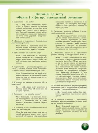 81
1. Наркотики — це модно
Це — міф, який поширюють нарко-
ділки. А сучасні актори, музиканти
та інші законодавці молодіжної моди
рішуче виступають проти наркоти-
ків. Сьо­год­ні, навпаки, модно займа-
тися спортом, правильно харчувати-
ся, тобто вести здоровий і продуктив-
ний спосіб життя.
2. Алкоголь і наркотики допомагають
розв’язати проблеми
Міф. Алкоголь і наркотики ще не роз­
в’язали жодної проблеми. Вони лише
поглиблюють їх і породжують нові.
3. Від алкоголю ще ніхто не вмер
Міф. Люди вмирають від передозу-
вання алкоголю, від вживання нея-
кісних алкогольних напоїв і від хво-
роб, спричинених хронічним алкого-
лізмом.
4. Наркоманія — це хвороба дурнів і сла-
баків. А сильна людина може відмовити-
ся від вживання наркотиків будь-коли
Міф. Доказом цього є численні жерт-
ви серед відомих в усьому світі людей,
яких аж ніяк не можна назвати дур-
нями і слабаками.
5. Я взагалі не вживаю алкоголю. Це ж
лише пиво!
Це — міф. Адже вміст алкоголю в
баночці пива (0,33 л) такий же, як
у чарці горілки.
6. Випивати — це завжди весело!
Міф. Випивати – це вживати токси-
ни, які отруюють організм. Невже це
весело — заливатися тим, від чого
нудить і втрачаєш здатність тверезо
мислити?
7. У компанії не можна відмовлятися від
того, що роблять усі
Міф. Ви, можливо, здивуєтесь, але до
людей, які мають власну точку зору і
вміють її обстояти, в усіх пристойних
компаніях ставляться з повагою. А за
«друзями», які змушують тебе пору-
шувати власні принципи, навряд чи
варто сумувати.
8. Сигарети і алкоголь роблять із хлоп­
чиків справжніх чоловіків
Міф. Вони жодним чином не вплива-
ють на процес дорослішання, а алко-
голь, навпаки, призводить до змен-
шення в організмі концентрації тесто-
стерону — гормону, який справді
перетворює хлопчика на чоловіка.
Саме тому хронічні алкоголіки часто
потерпають від імпотенції.
9. Вживання алкоголю і наркотиків
робить людину більш уразливою до ВІЛ
Факт. У стані алкогольного чи нар-
котичного сп’яніння людина втрачає
контроль над собою. Може погодити-
ся на те, на що ніколи не погодила-
ся б у тверезому стані: поїхати додо-
му з незнайомцем чи сісти в машину
до нього, мати випадкові сексуальні
контакти, не використати презерва-
тива. Особливо ризикують ті, хто
вживає ін’єкційні наркотики, або ті,
хто має сексуальні стосунки з нарко-
споживачами. Адже вони часто вико-
ристовують спільні гол­ки та шприци
для введення наркотиків.
10. Більшість підлітків уперше пробують
наркотики, які їм пропонують незнайомці
на танцях і спортмайданчиках
Міф. Молоді люди найчастіше про-
бують наркотики під впливом своїх
друзів.
11. Вживання алкоголю і наркотиків
вагітною жінкою негативно впливає на її
ще не народжену дитину
Факт. Будь-який наркотик, у тому
числі й алкоголь, який вживає вагітна
жінка, потрапляє через плаценту до
плоду і негативно впливає на його
розвиток.
Відповіді до тесту
«Факти і міфи про психоактивні речовини»
 