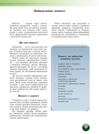 95
Найважливіші цінності
Юність — чудова пора життя,
спов­нена відкриттів, надій і планів.
Це важливий етап духовного розвит­
ку людини, час пошуку себе, свого
місця у світі, усвідомлення життєвої
місії, формування базових принципів
і життєвих цінностей.
Що таке цінності
Цінності — це те, що важливо для
людини, за допомогою чого вона зві-
ряє й оцінює будь-що у своєму житті.
Цінності впливають на поведінку лю-
дини і визначають її життєвий шлях.
Навіть якщо не докладати жодних
зусиль, цінності сформуються стихій-
но — під впливом життєвих обставин
і оточення (батьків, друзів, фільмів,
простої реклами). Та чи не є ця сфера
занадто важливою, щоб дозволяти ін-
шим людям чи обставинам вирішувати
за нас?
До того ж стихійно сформовані цін-
ності нестійкі, людина може почува-
тися розгубленою, сама не знати, чого
хоче. Вона легко піддається стороннім
впливам, і цим може скористатися хто
завгодно, наприклад, вмовити її зроби-
ти щось небезпечне або вкрай невигід-
не для неї.
Цінності і здоров'я
У кожного з вас є власна шкала цін-
ностей (див. вставку праворуч). Однак
існує кілька десятків цінностей, спіль-
них для всіх людей, незалежно від того,
у що вони вірять і де живуть.
Це, зокрема, дружба, любов, дові-
ра, людяність, повага. Їх ще називають
справжніми, вічними або загальнолюд-
ськими цінностями.
Учені з'ясували, що покладені в
основу життя вічні цінності сприяють
кращому здоров'ю, зменшенню кіль-
кості стресів, стабільності в подруж-
ньому житті, вищому рівню фінансової
незалежності, впливовості, самоповаги
й усвідомленню сенсу життя.
Цінності, які найчастіше
називають підлітки:
•	 здоров'я своє і близьких;
•	 зовнішня краса;
•	 популярність серед однолітків;
•	 хороші друзі;
•	 дружна родина;
•	 навчання;
•	 можливість займатися
улюбленою справою;
•	 можливість допомагати людям;
•	 кохання;
•	 безпека;
•	 душевний спокій;
•	 цікаве дозвілля;
•	 пригоди;
•	 фінансова незалежність;
•	 модний одяг.
 