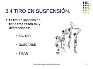 3.4 TIRO EN SUSPENSIÓN. El tiro en suspensión tiene  tres fases  muy diferenciadas: SALTAR  QUEDARSE  TIRAR 