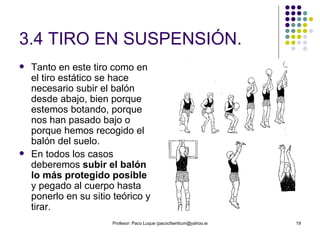 3.4 TIRO EN SUSPENSIÓN. Tanto en este tiro como en el tiro estático se hace necesario subir el balón desde abajo, bien porque estemos botando, porque nos han pasado bajo o porque hemos recogido el balón del suelo.  En todos los casos deberemos  subir el balón lo más protegido posible  y pegado al cuerpo hasta ponerlo en su sitio teórico y tirar. 