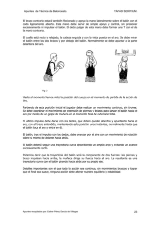 Apuntes de Técnica de Baloncesto.                                           TAFAD SERITIUM.


El brazo contrario estará también flexionado y apoya la mano lateralmente sobre el balón con el
codo ligeramente abierto. Esta mano debe servir de simple apoyo y control, sin presionar
excesivamente ni impulsar el balón. El dedo pulgar de esta mano debe formar una T con el de
la mano contraria.

El cuello está recto y relajado, la cabeza erguida y con la vista puesta en el aro. Se debe mirar
el balón entre los dos brazos y por debajo del balón. Normalmente se debe apuntar a la parte
delantera del aro.




                   Fig. 2


Hasta el momento hemos visto la posición del cuerpo en el momento de partida de la acción de
tiro.

Partiendo de esta posición inicial el jugador debe realizar un movimiento continuo, sin tirones.
Se debe coordinar el movimiento de extensión de piernas y brazos para lanzar el balón hacia el
aro por medio de un golpe de muñeca en el momento final de extensión total.

El último impulso debe darse con los dedos, que deben quedar abiertos y apuntando hacia el
aro, con el brazo extendido, manteniendo esta posición unos instantes, normalmente hasta que
el balón toca el aro o entra en él.

El balón, tras el impulso con los dedos, debe avanzar por el aire con un movimiento de rotación
sobre si mismo de delante hacia atrás.

El balón deberá seguir una trayectoria curva describiendo un amplio arco y evitando un avance
excesivamente recto.

Podemos decir que la trayectoria del balón será la componente de dos fuerzas: las piernas y
brazo impulsan hacia arriba, la muñeca dirige su fuerza hacia el aro. La resultante es una
trayectoria curva con el balón girando hacia atrás por su propio eje.

Detalles importantes son el que toda la acción sea continua, sin movimientos bruscos y lograr
que el final sea suave, ninguna acción debe alterar nuestro equilibrio y estabilidad.




Apuntes recopilados por: Esther Pérez García de Villegas                                      23
 